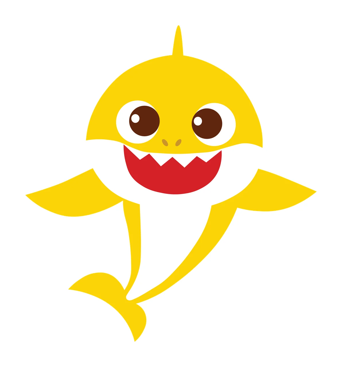 Yellow cartoon shark Illustration with brown eyes, red mouth, white belly and sharp teeth