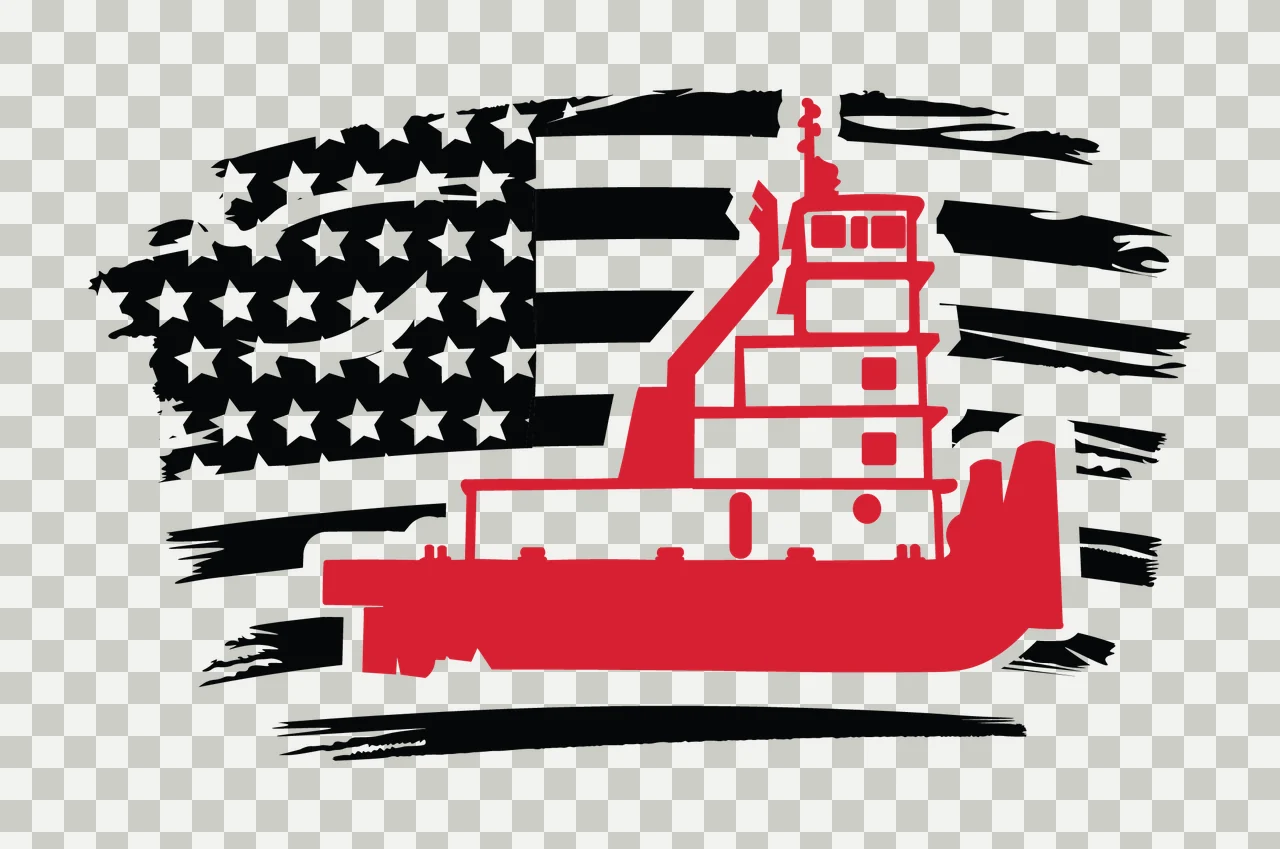 Boat Tugboat Silhouette With American Flag Background and grunge transparency and detail preview thumbnail