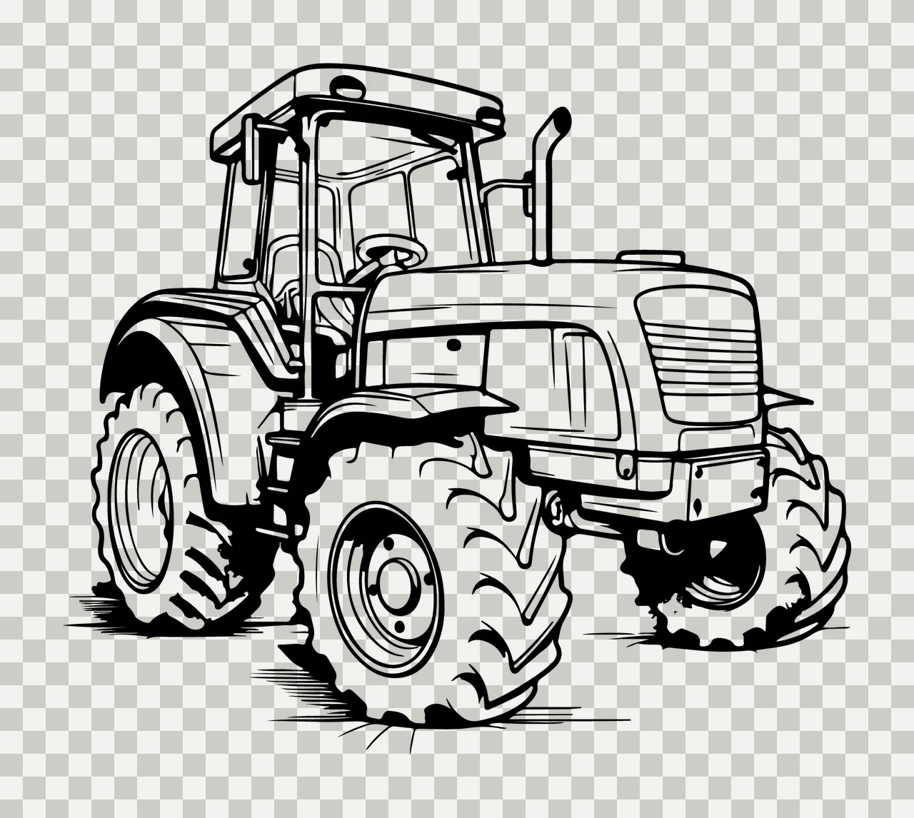 Large Black Outline Farm Tractor wheels white vehicle farming transparency and detail preview thumbnail