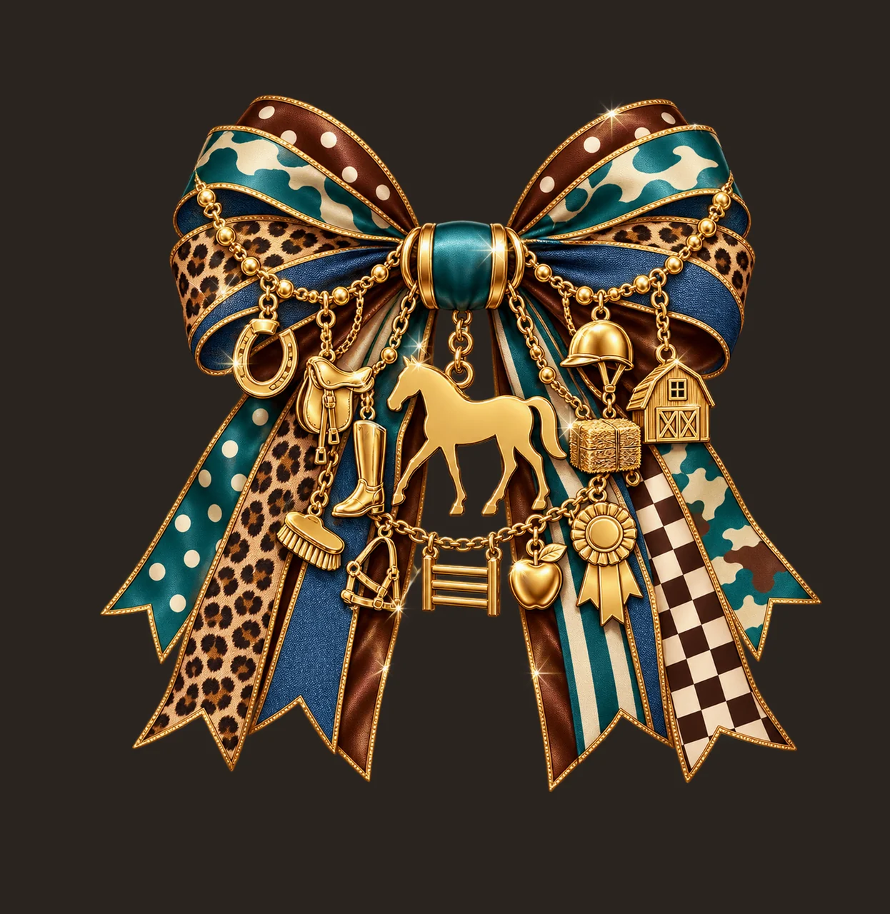 Horse Lover Bow Charm PNG, Themed Gold Chain Charms, Coquette Ribbon Sublimation Design, Transparent Digital Download contrast preview thumbnail