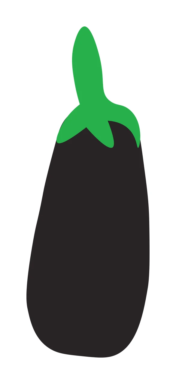 Eggplant Illustration with green stem, calyx and dark purple body in black