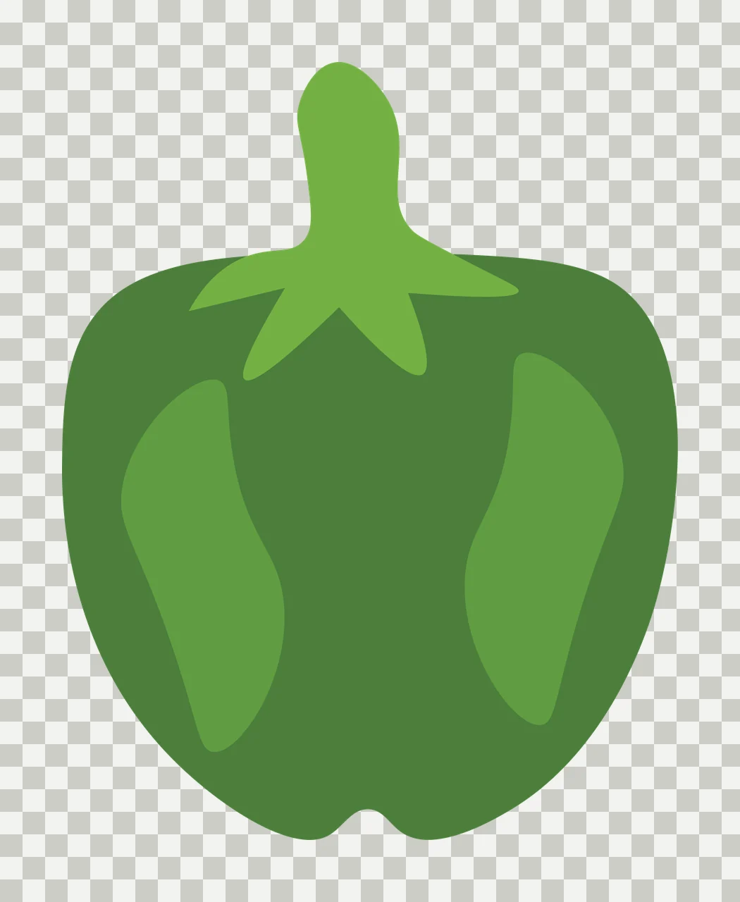 Green bell pepper Illustration with bell pepper body, stem, calyx and side highlights in light green and dark green transparency and detail preview thumbnail