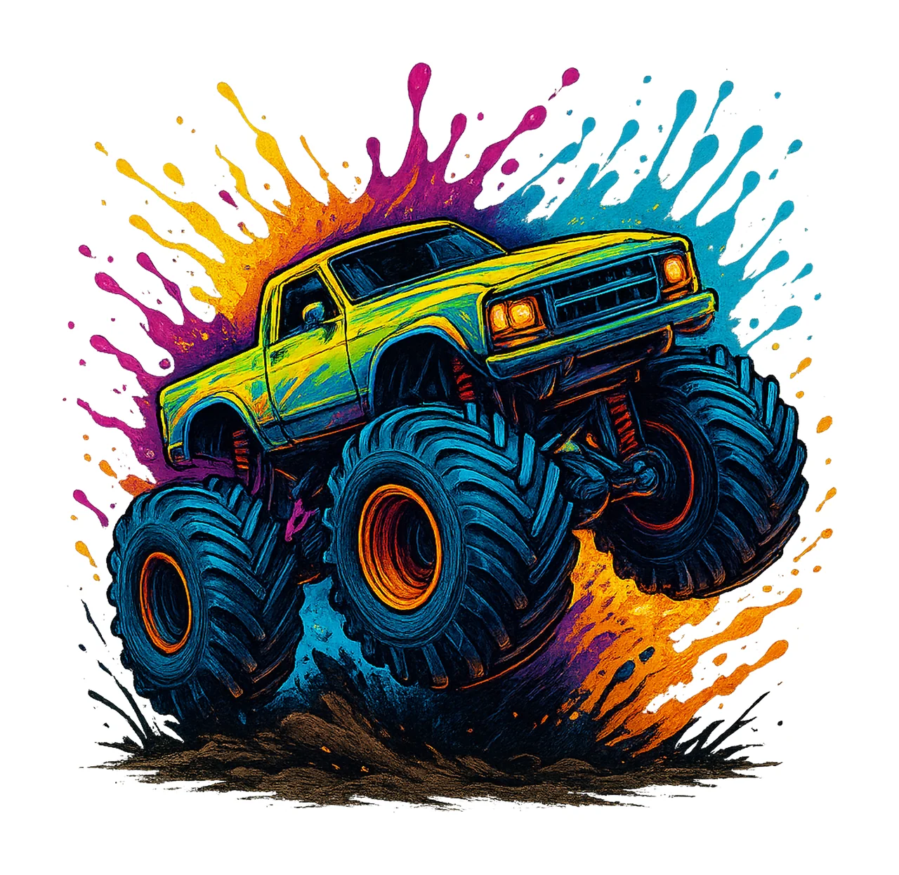 Colourful Monster Truck Art Cartoon Kids Shirt Design Fun