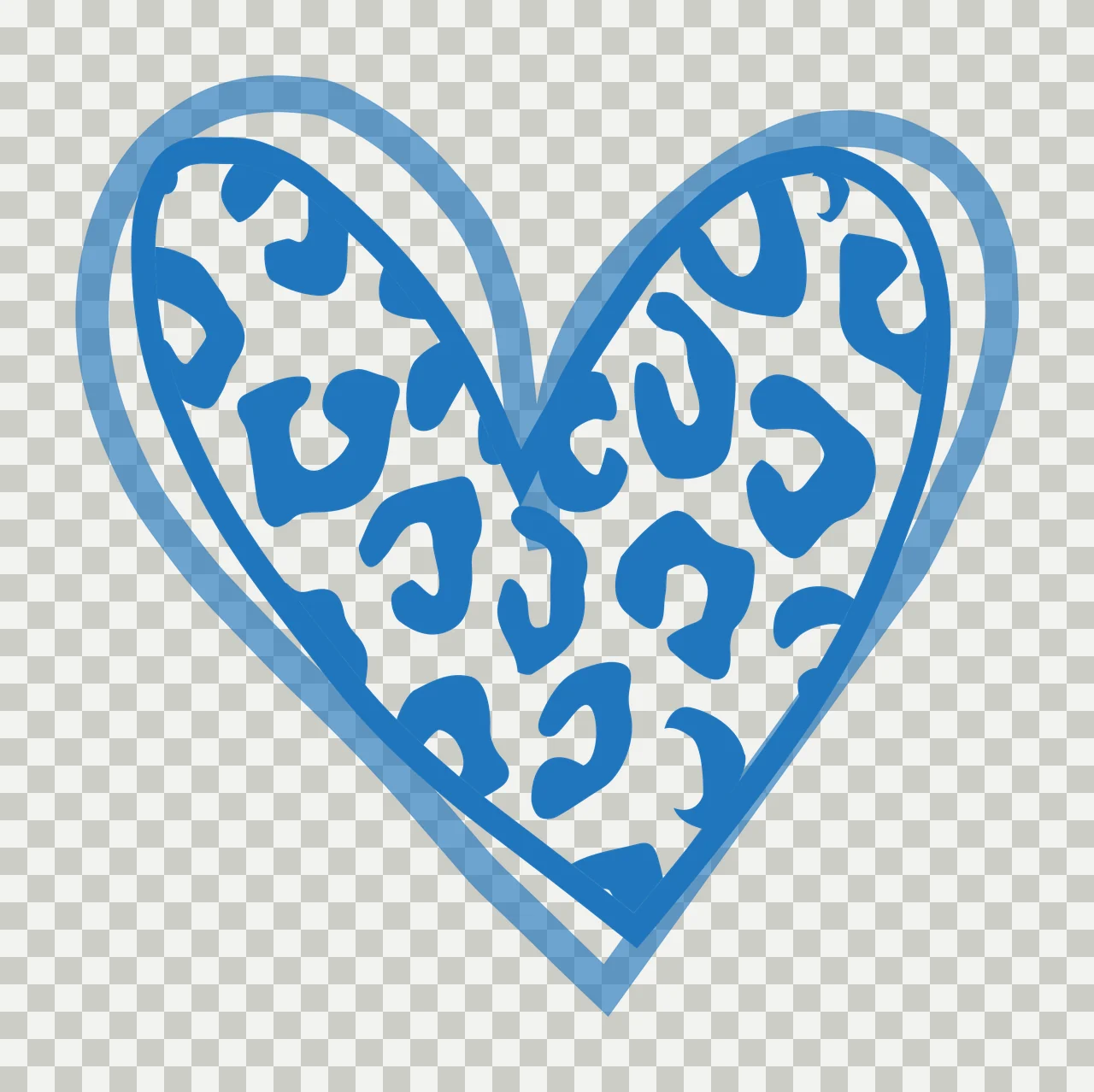 Leopard-print heart Illustration with blue heart, leopard spots and double blue outline in white transparency and detail preview thumbnail