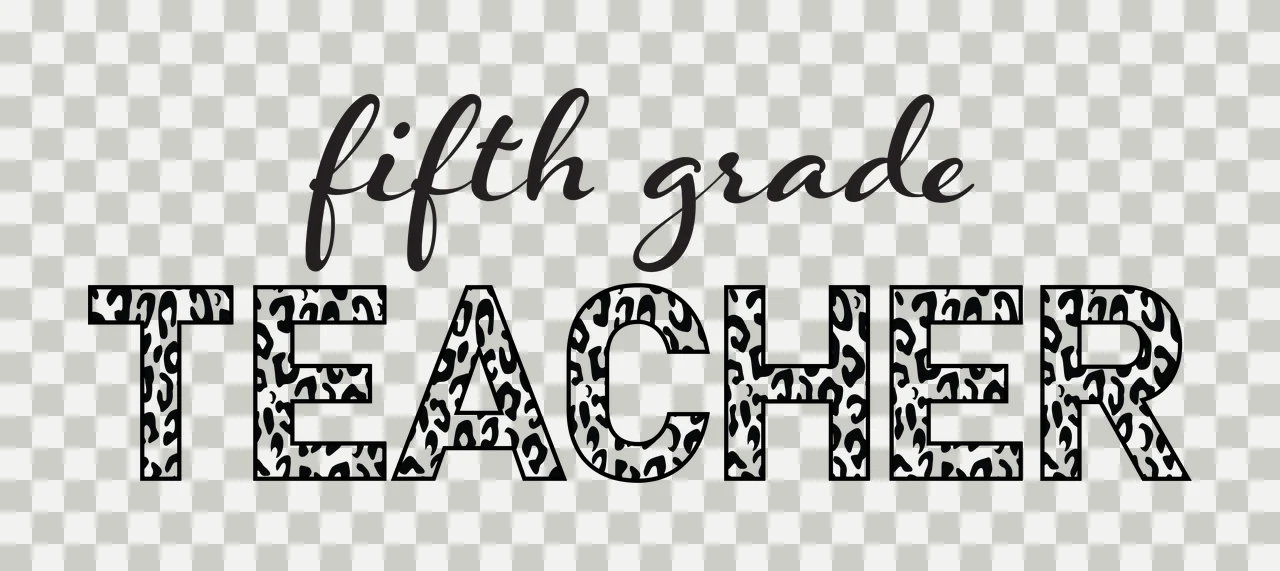 Fifth grade TEACHER Typography Design with fifth grade script text, TEACHER block text, leopard print pattern and black outline in white transparency and detail preview thumbnail