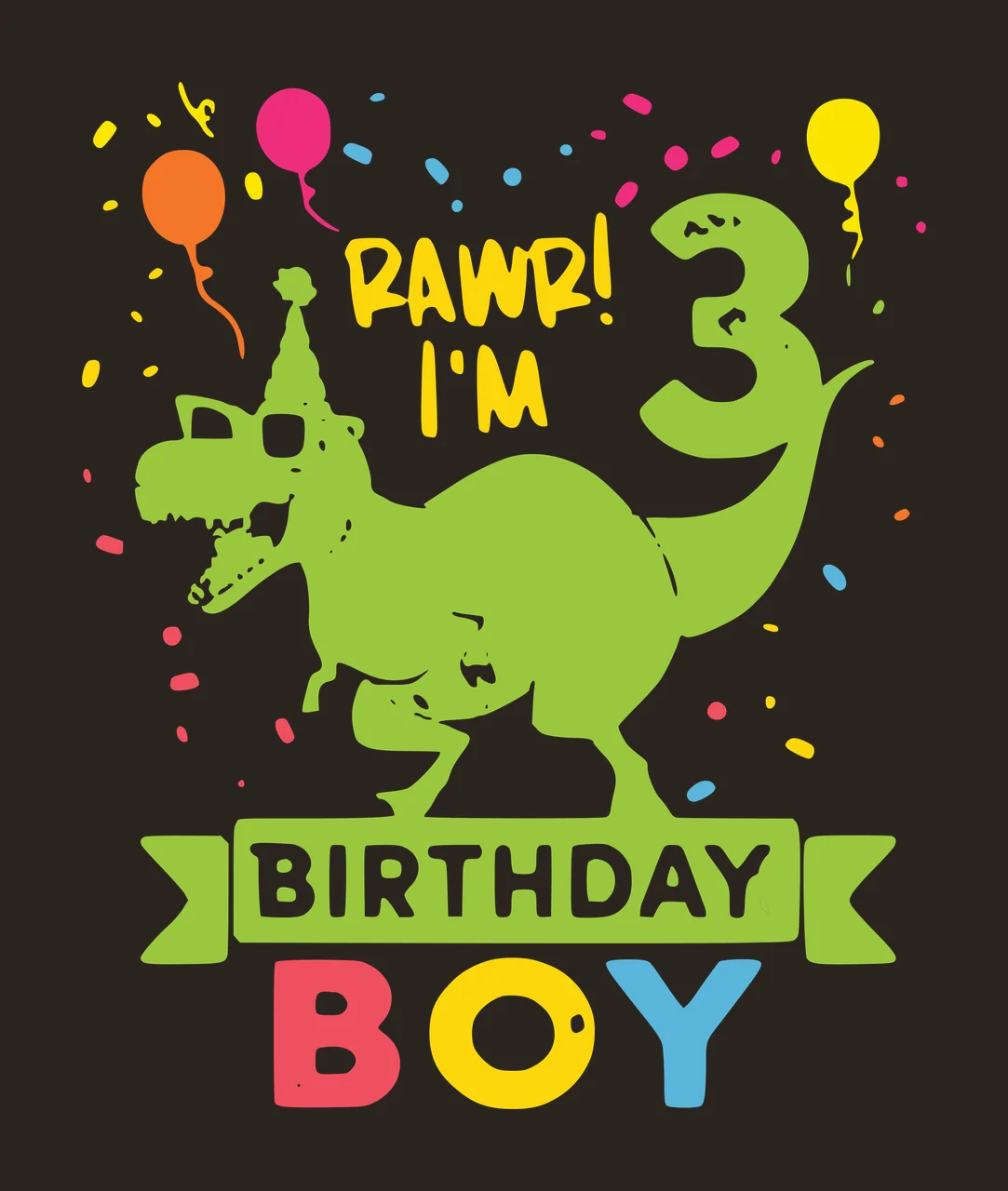 RAWR! I'M 3 BIRTHDAY BOY Typography Design with green T-Rex silhouette, party hat, glasses and balloons contrast preview thumbnail