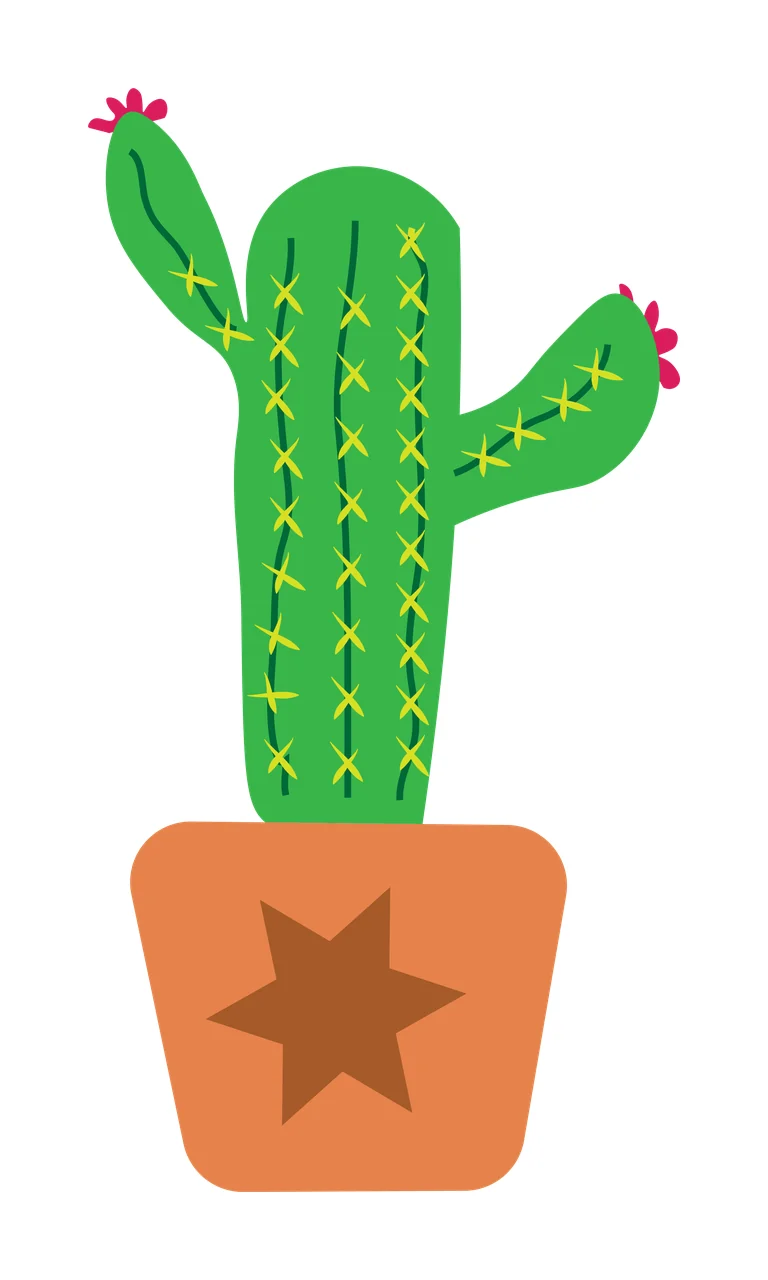 Cactus in terracotta pot with star Illustration with green cactus, yellow spines, pink flowers and brown star