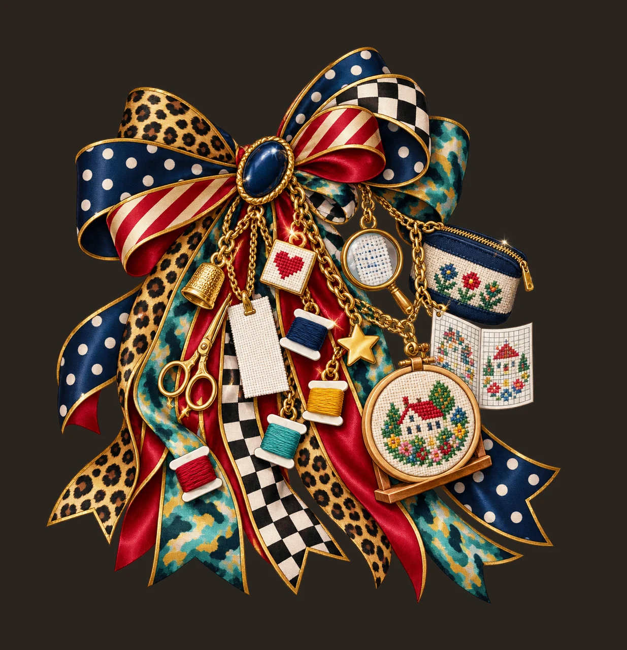 Cross Stitcher Bow Charm PNG, Themed Gold Chain Charms, Coquette Ribbon Sublimation Design, Transparent Digital Download contrast preview thumbnail