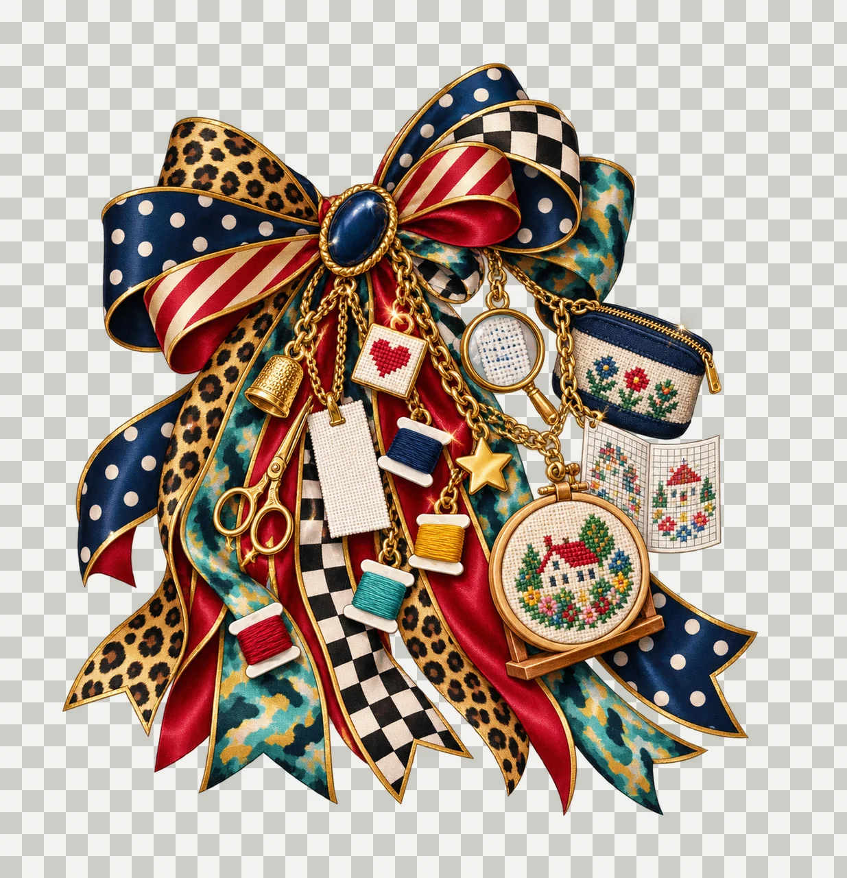 Cross Stitcher Bow Charm PNG, Themed Gold Chain Charms, Coquette Ribbon Sublimation Design, Transparent Digital Download transparency and detail preview thumbnail