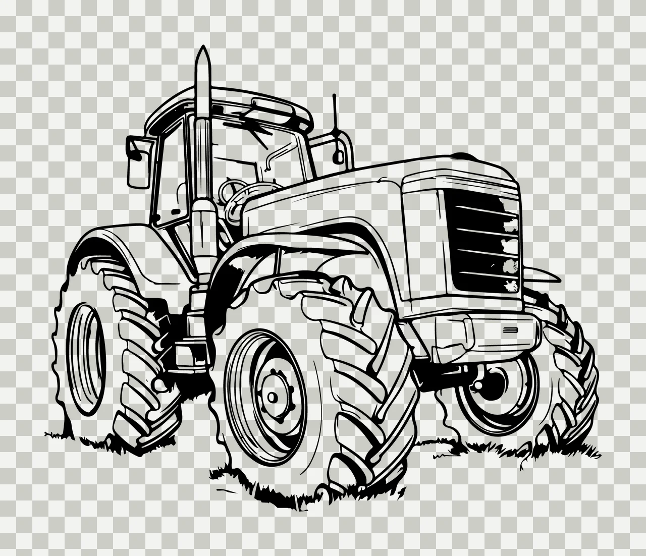 Front View Tractor Black And White tires exhaust stack engine grille transparency and detail preview thumbnail