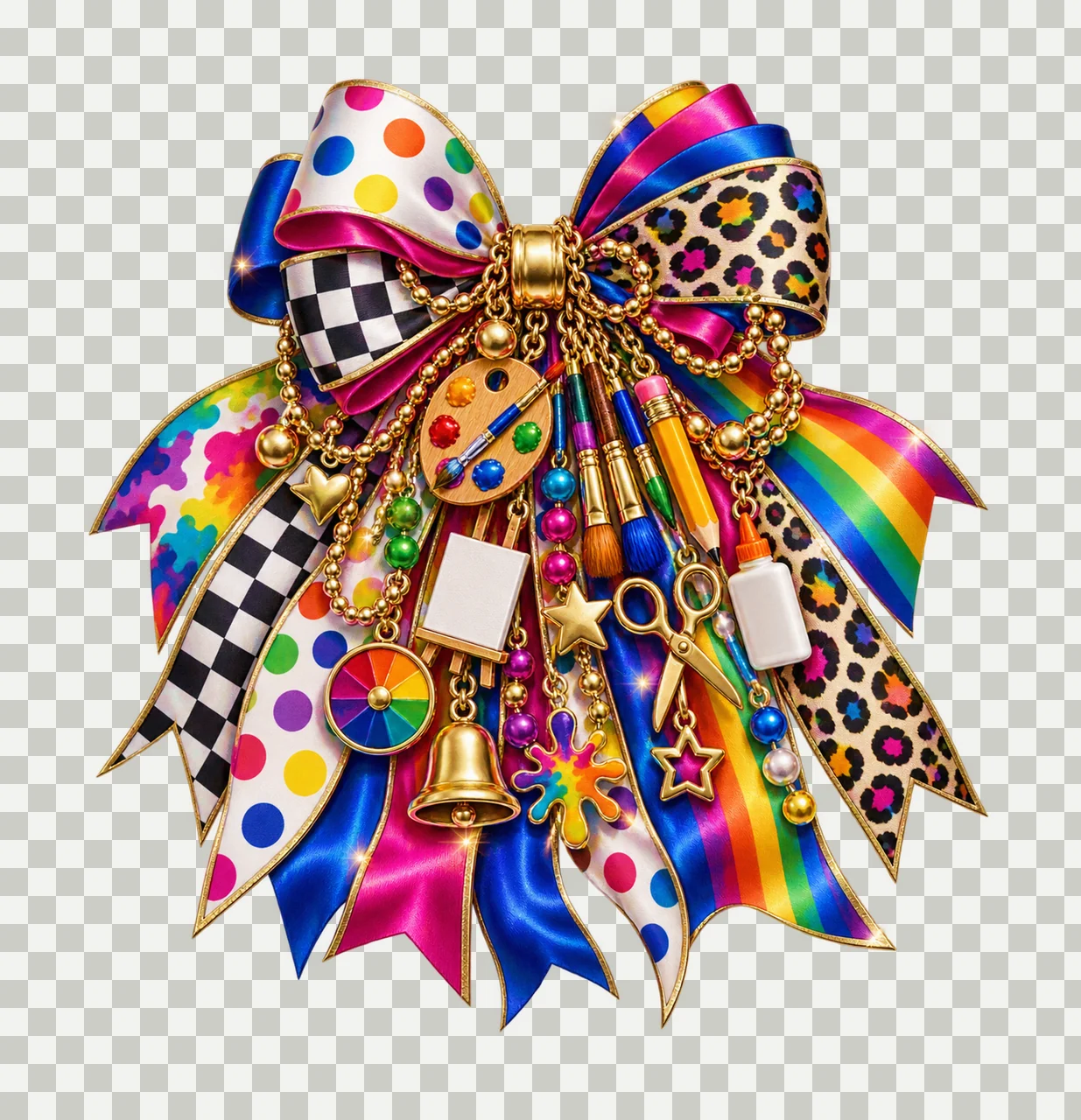 Art Teacher Bow Charm PNG, Themed Gold Chain Charms, Coquette Ribbon Sublimation Design, Transparent Digital Download transparency and detail preview thumbnail