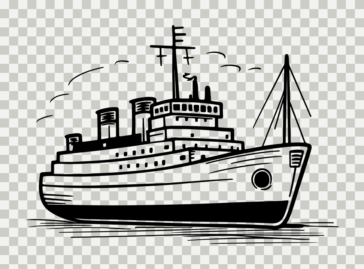 Cruise Ship Line Art Illustration sailing water birds black transparency and detail preview thumbnail