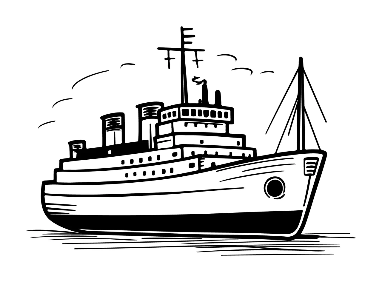 Cruise Ship Line Art Illustration sailing water birds black
