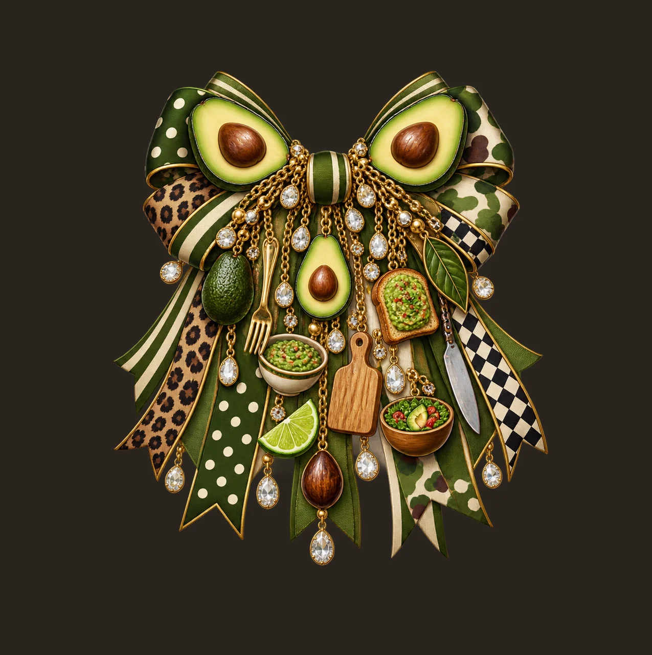 Avocado Lover Bow Charm PNG, Gold Chain Charms, Transparent Sublimation Design, Digital Download contrast preview thumbnail