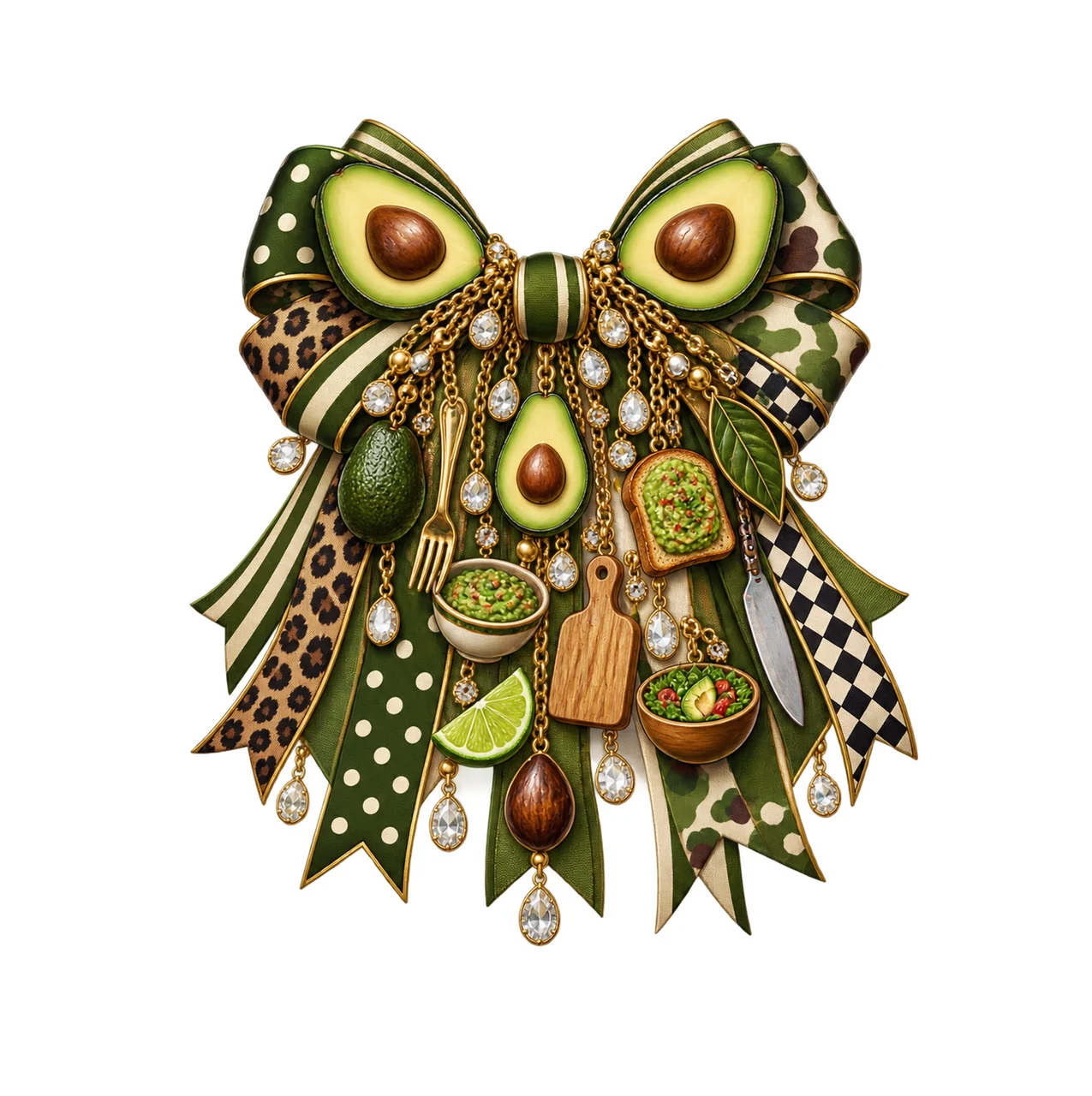 Avocado Lover Bow Charm PNG, Gold Chain Charms, Transparent Sublimation Design, Digital Download