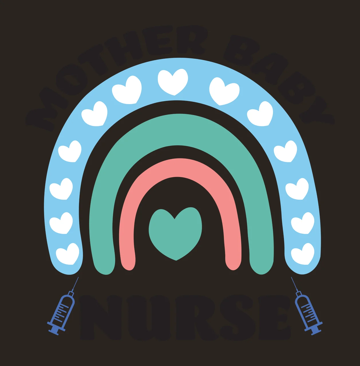 MOTHER BABY NURSE Typography Design with rainbow, hearts, syringe icons and arched text in light blue, teal and pink contrast preview thumbnail