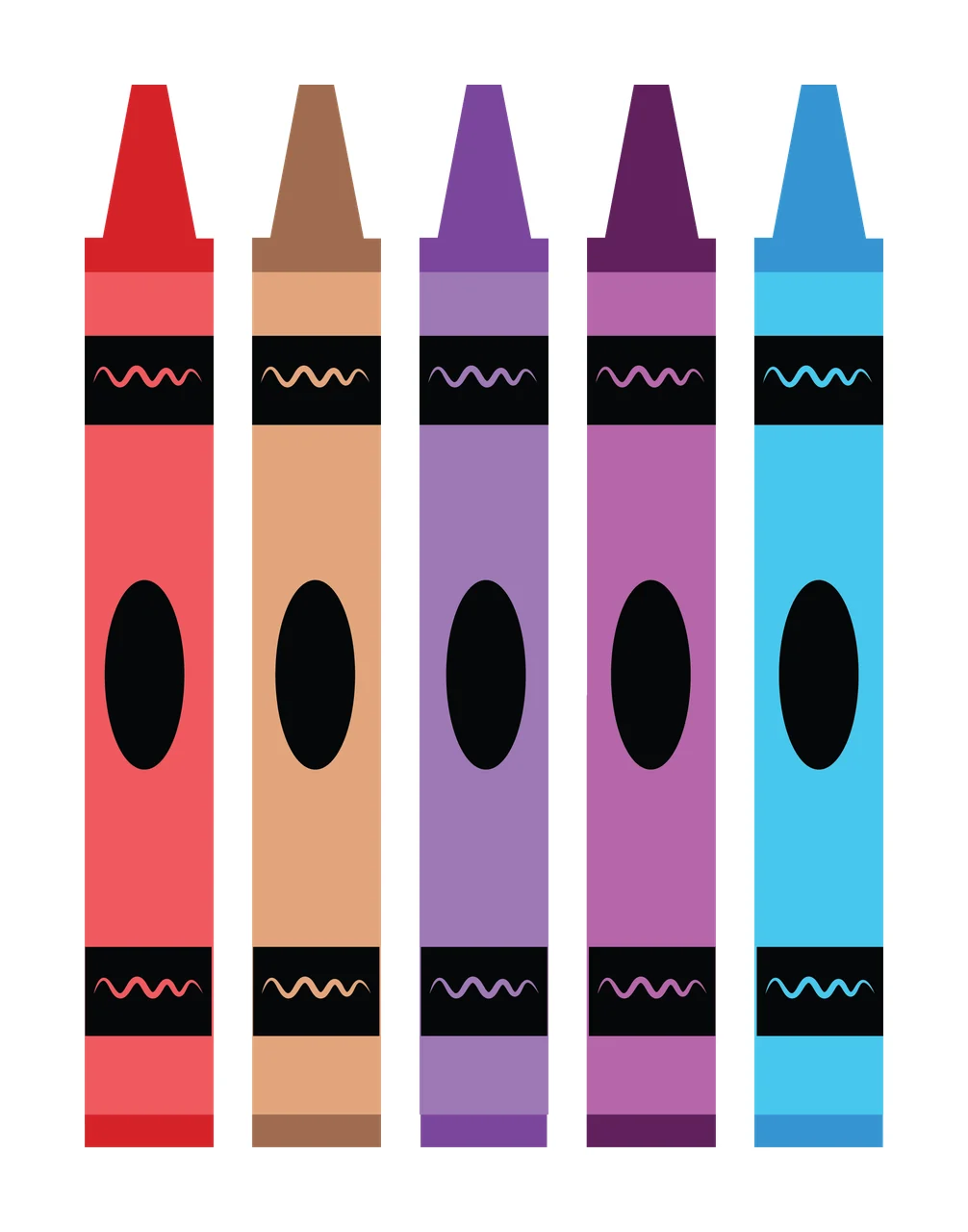 Five Black Vertical Crayons Silhouette standing white plain background