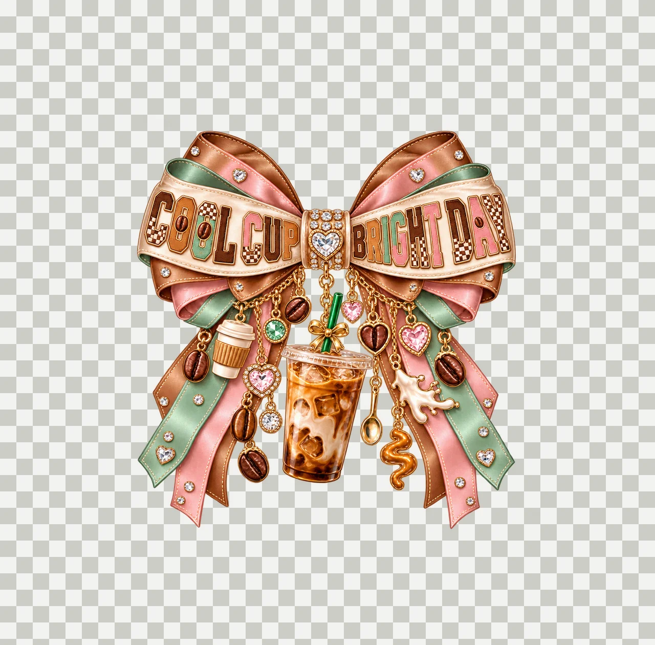 Cool Cup Bright Day Bow Charm PNG, Iced Coffee Quote Clipart, Transparent Sublimation Digital Download transparency and detail preview thumbnail