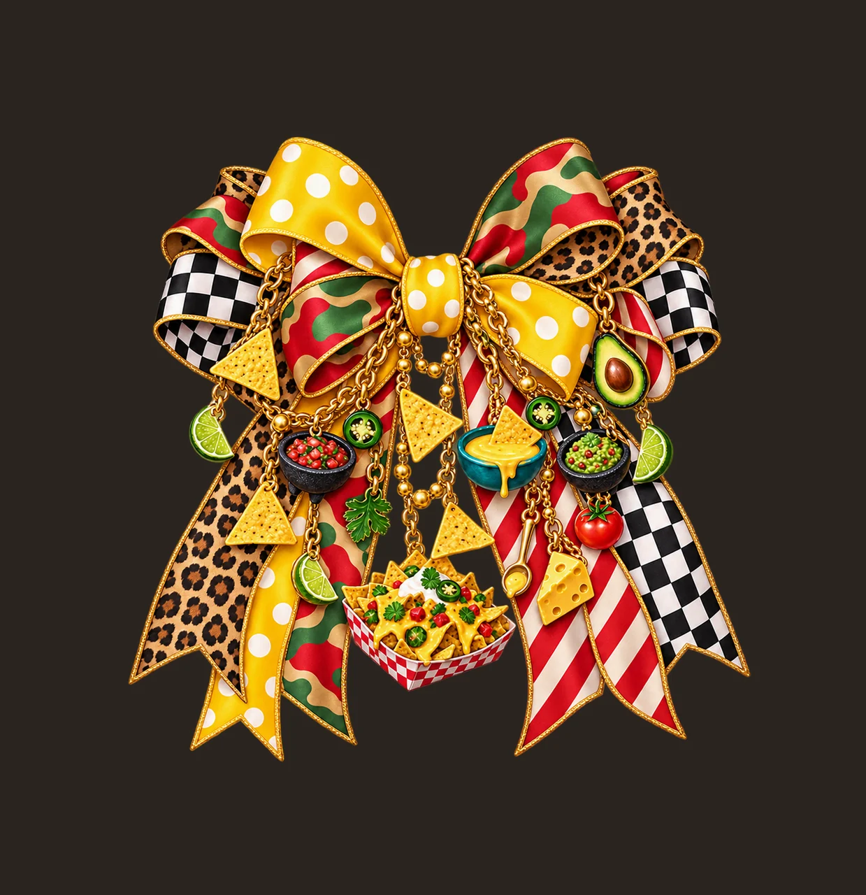 Nacho Lover Bow Charm PNG, Themed Gold Chain Charms, Coquette Ribbon Sublimation Design, Transparent Digital Download contrast preview thumbnail