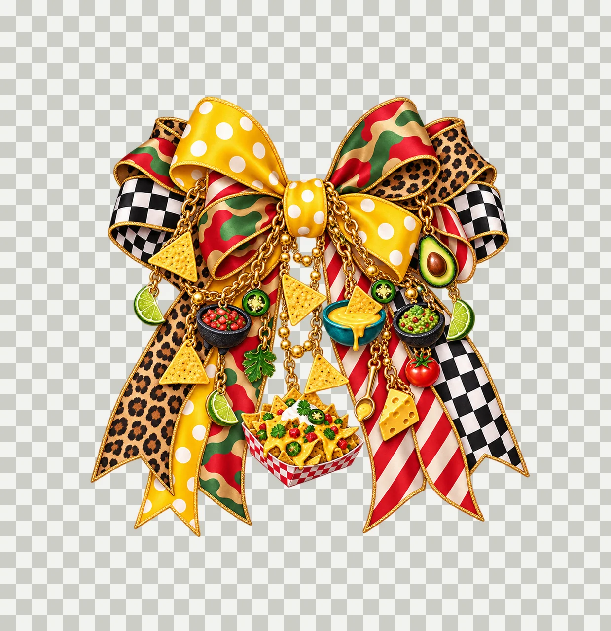 Nacho Lover Bow Charm PNG, Themed Gold Chain Charms, Coquette Ribbon Sublimation Design, Transparent Digital Download transparency and detail preview thumbnail