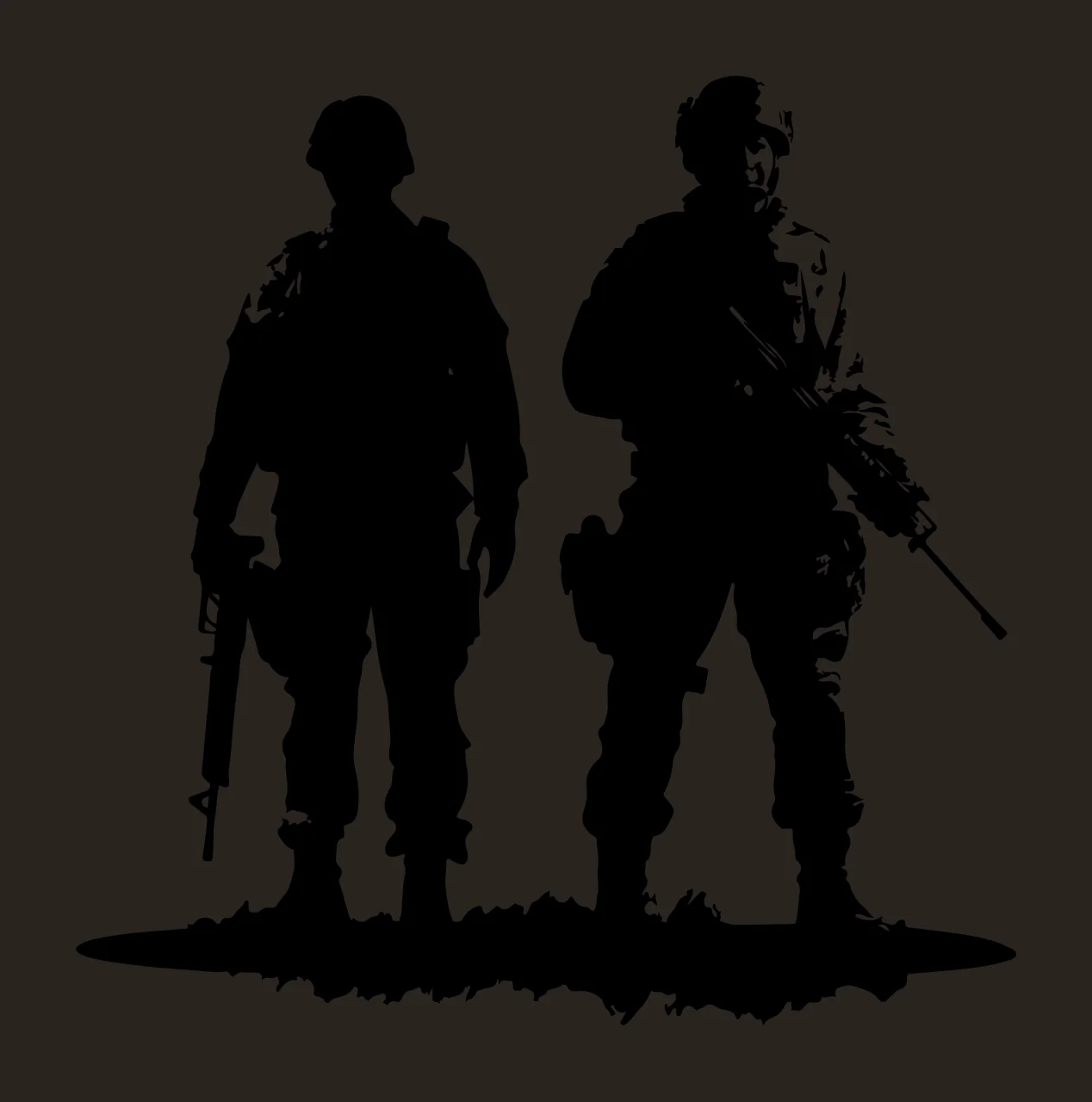 Two Soldiers Standing Black Silhouette rifles helmets uniforms contrast preview thumbnail