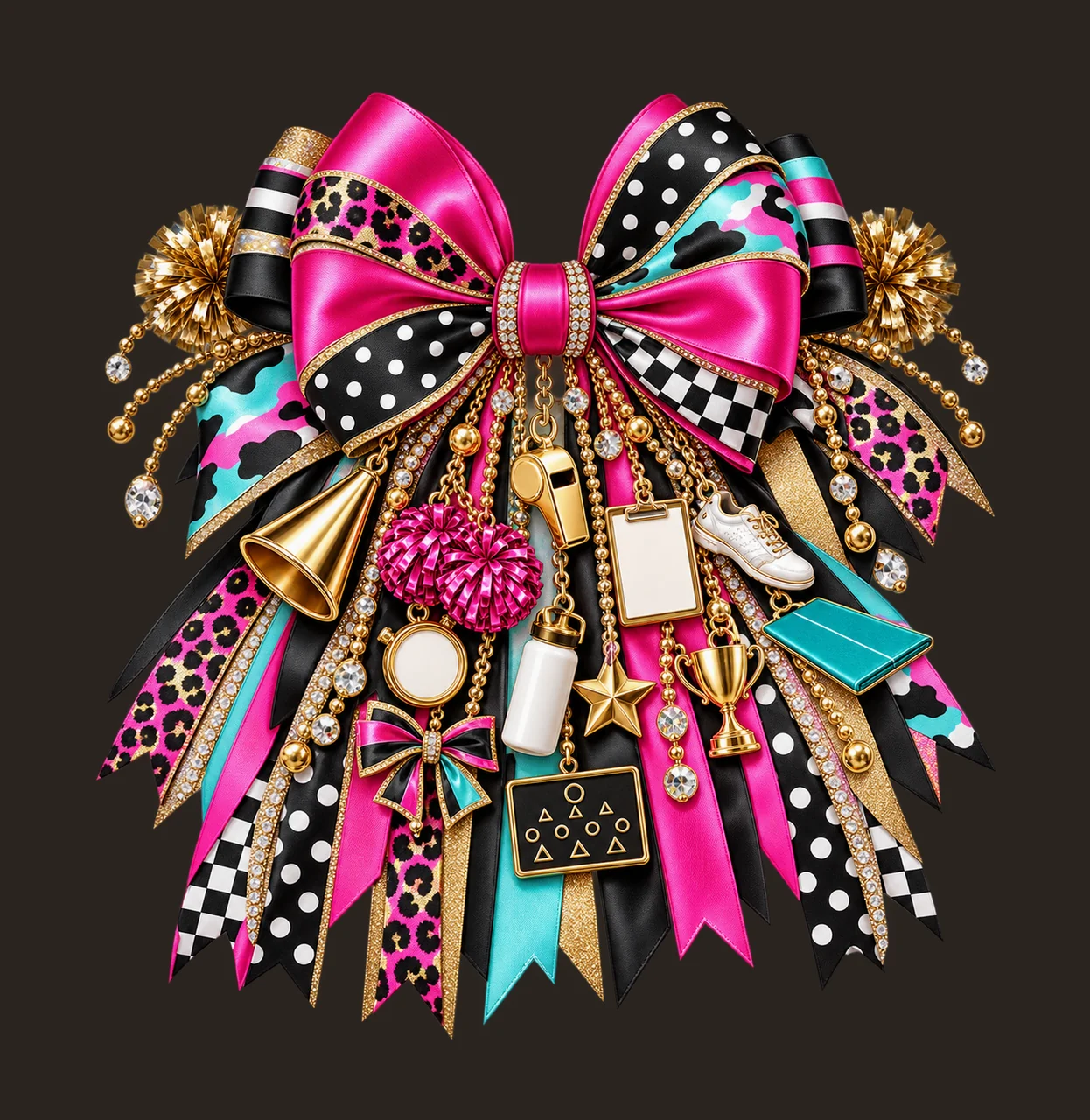 Cheer Coach Bow Charm PNG, Gold Chain Charms, Transparent Sublimation Design, Digital Download contrast preview thumbnail