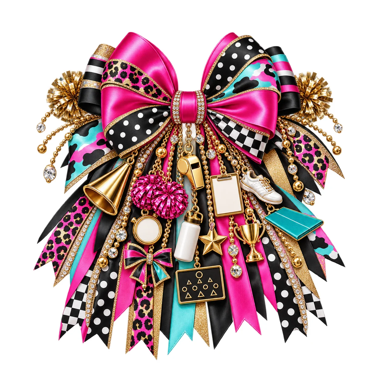 Cheer Coach Bow Charm PNG, Gold Chain Charms, Transparent Sublimation Design, Digital Download