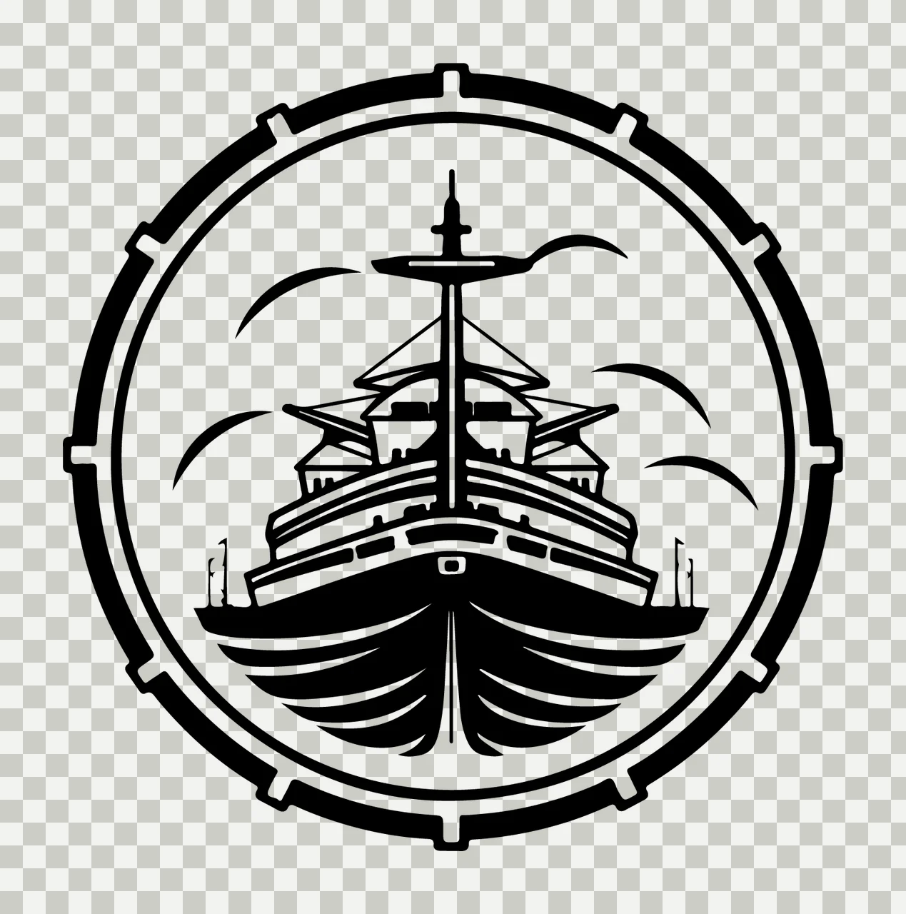 Ship In Circular Frame waves sails line art black white maritime transparency and detail preview thumbnail