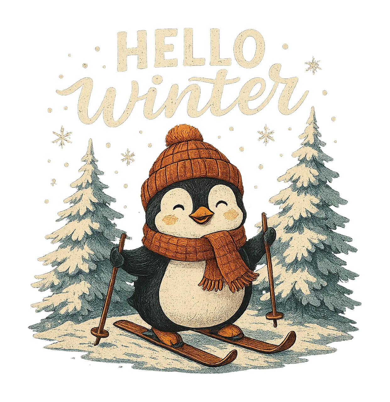 Hello Winter Penguin Skiing Penguin Cute Winter Artwork