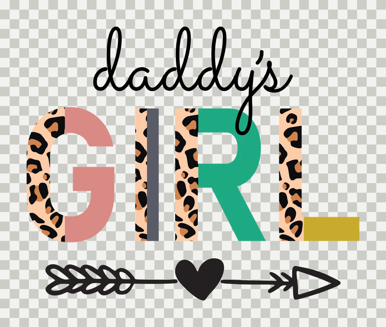Daddy's GIRL Typography Design with daddy's text, GIRL block letters, leopard print pattern and heart in black, tan and pink transparency and detail preview thumbnail