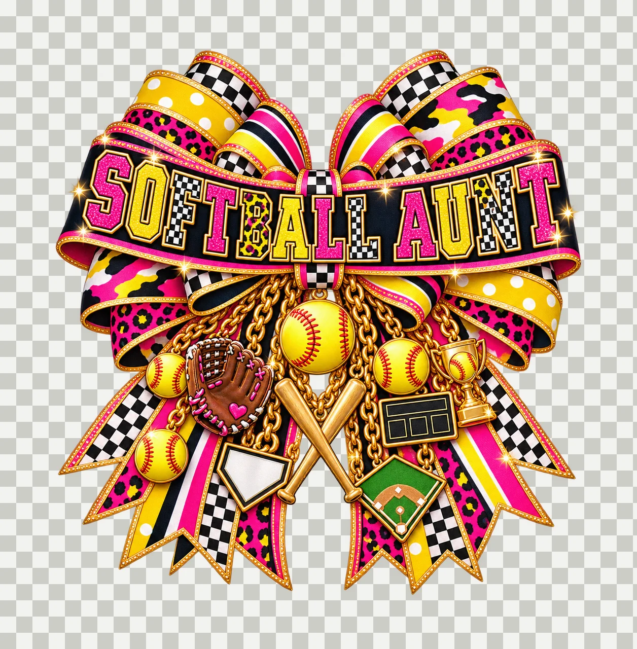 Softball Aunt Bow Charm PNG, Patterned Varsity Aunt Ribbon Clipart, Transparent Sublimation Digital Download transparency and detail preview thumbnail