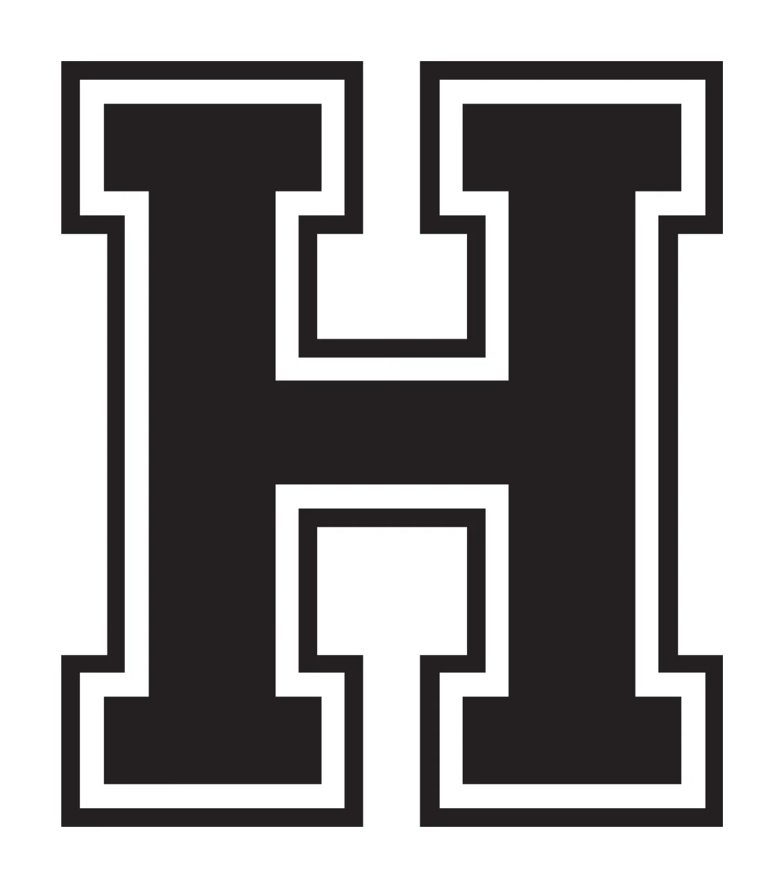 H Letter Design with capital letter H, block typography, double outline and serifs in black and white