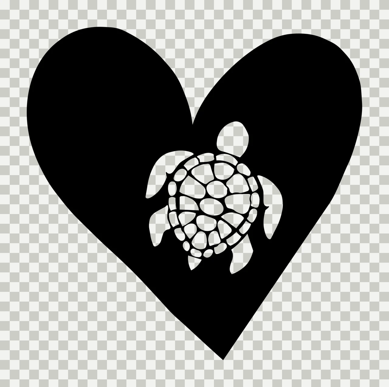 Silhouette Design of Sea turtle with heart shape, turtle shell pattern, flippers and minimalist graphic in black and white transparency and detail preview thumbnail