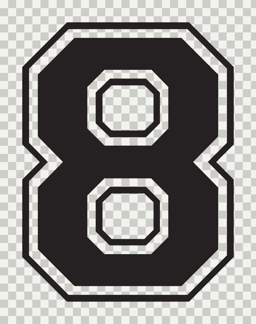 8 Number Design with block lettering, double outline, varsity and geometric shapes in black and white transparency and detail preview thumbnail