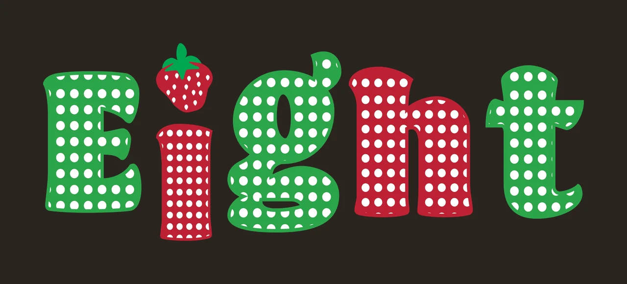 Eight Typography Design with word Eight, polka dots, strawberry icon and letters in red, green and white contrast preview thumbnail