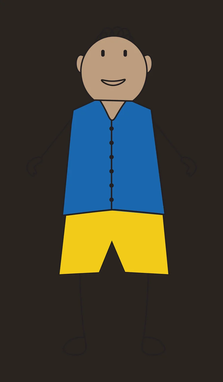 Cartoon Illustration of stick figure person with blue vest, yellow shorts, curly hair loops and smiling face in tan contrast preview thumbnail