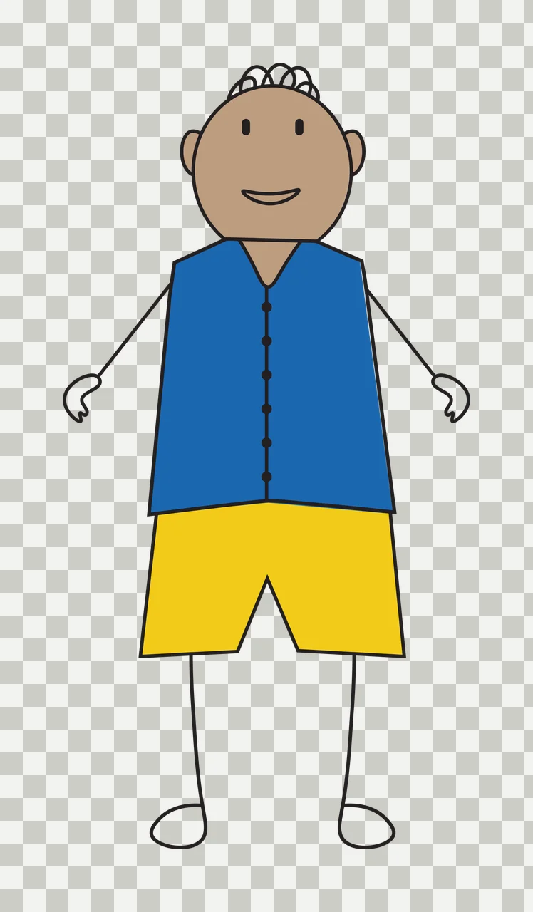 Cartoon Illustration of stick figure person with blue vest, yellow shorts, curly hair loops and smiling face in tan transparency and detail preview thumbnail