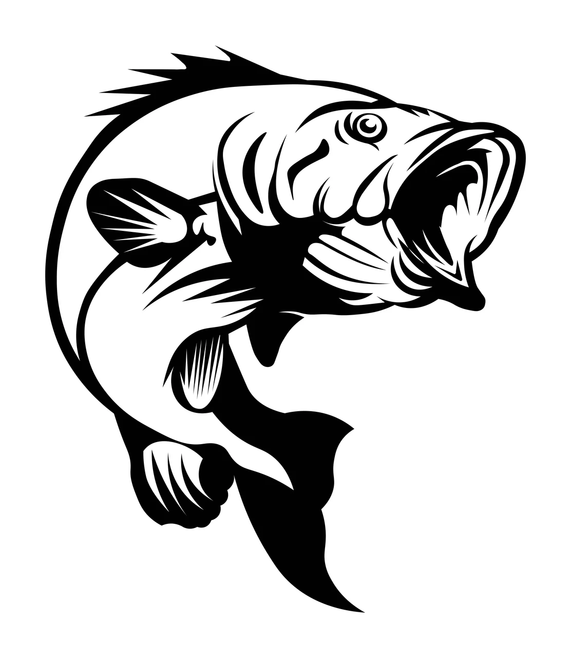 Jumping Fish With Open Mouth Illustration fins scales line art