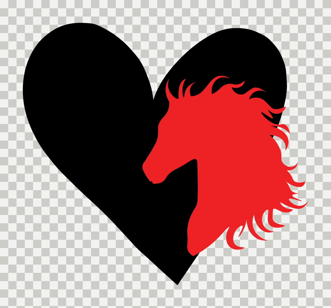 Horse head silhouette inside heart shape Illustration with black heart, red horse head and horse mane transparency and detail preview thumbnail