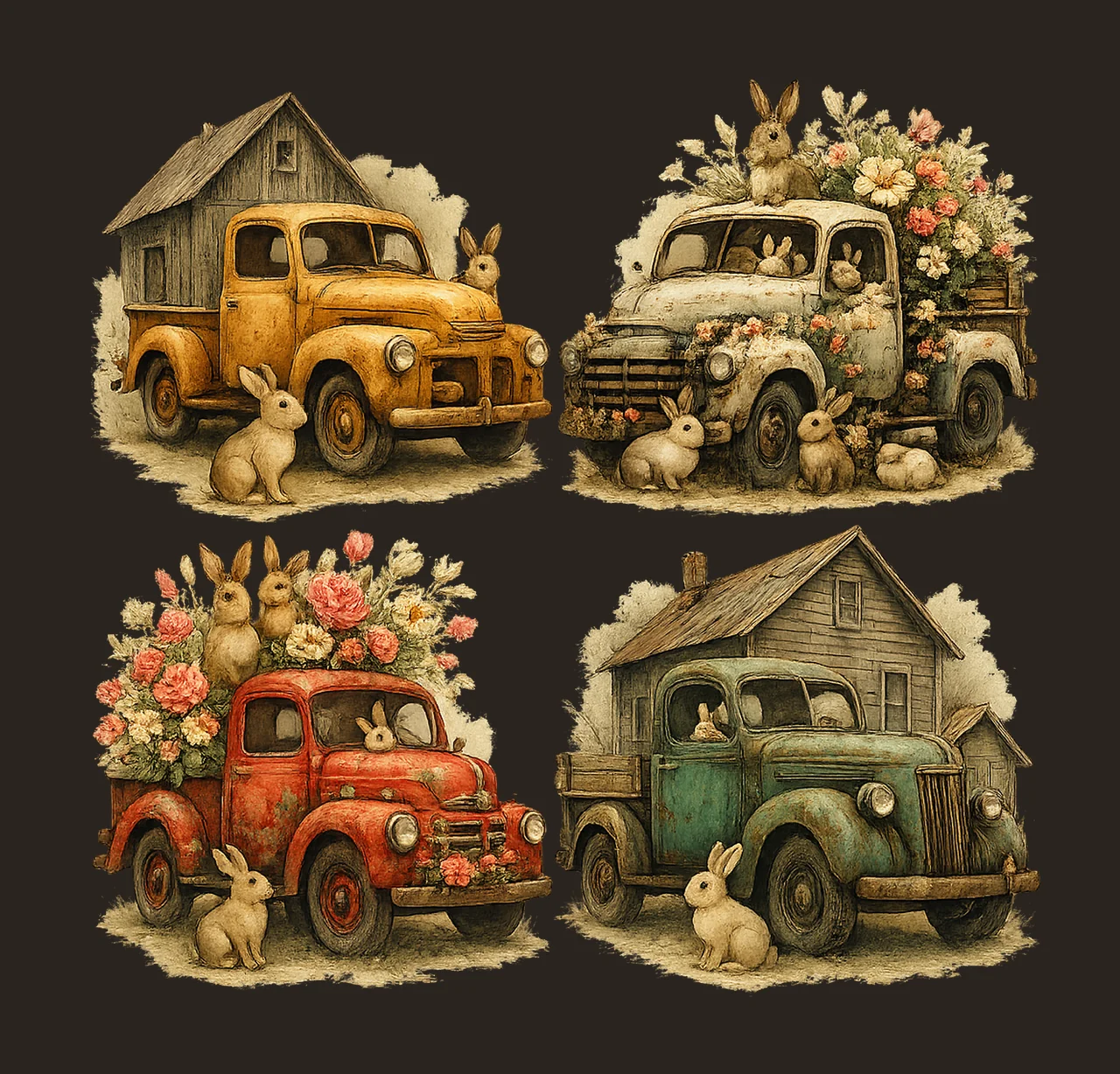 Rusty Trucks with Rabbits Watercolor Artwork Farm Truck contrast preview thumbnail