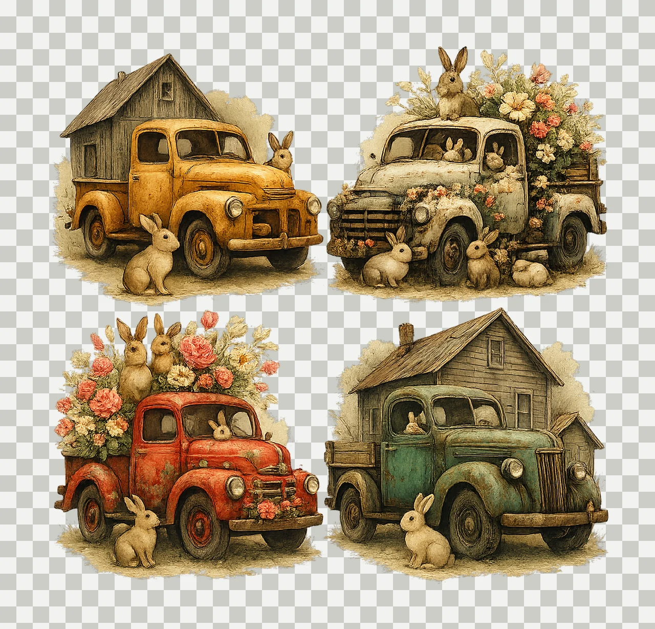 Rusty Trucks with Rabbits Watercolor Artwork Farm Truck transparency and detail preview thumbnail