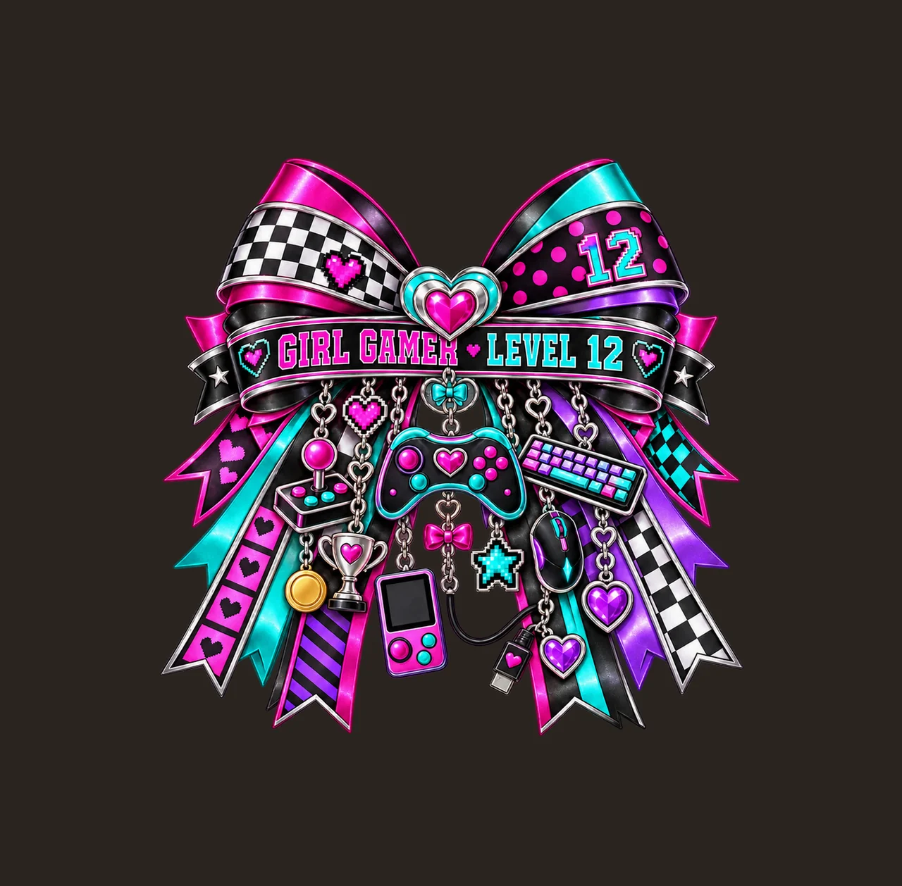 Girl Gamer Level 12 Bow Charm PNG, Patterned Coquette Bow Clipart, Transparent Sublimation Digital Download contrast preview thumbnail