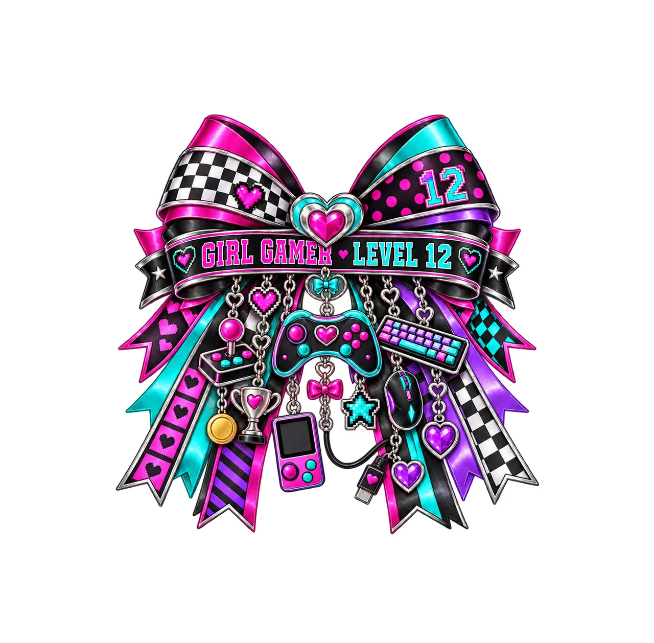 Girl Gamer Level 12 Bow Charm PNG, Patterned Coquette Bow Clipart, Transparent Sublimation Digital Download