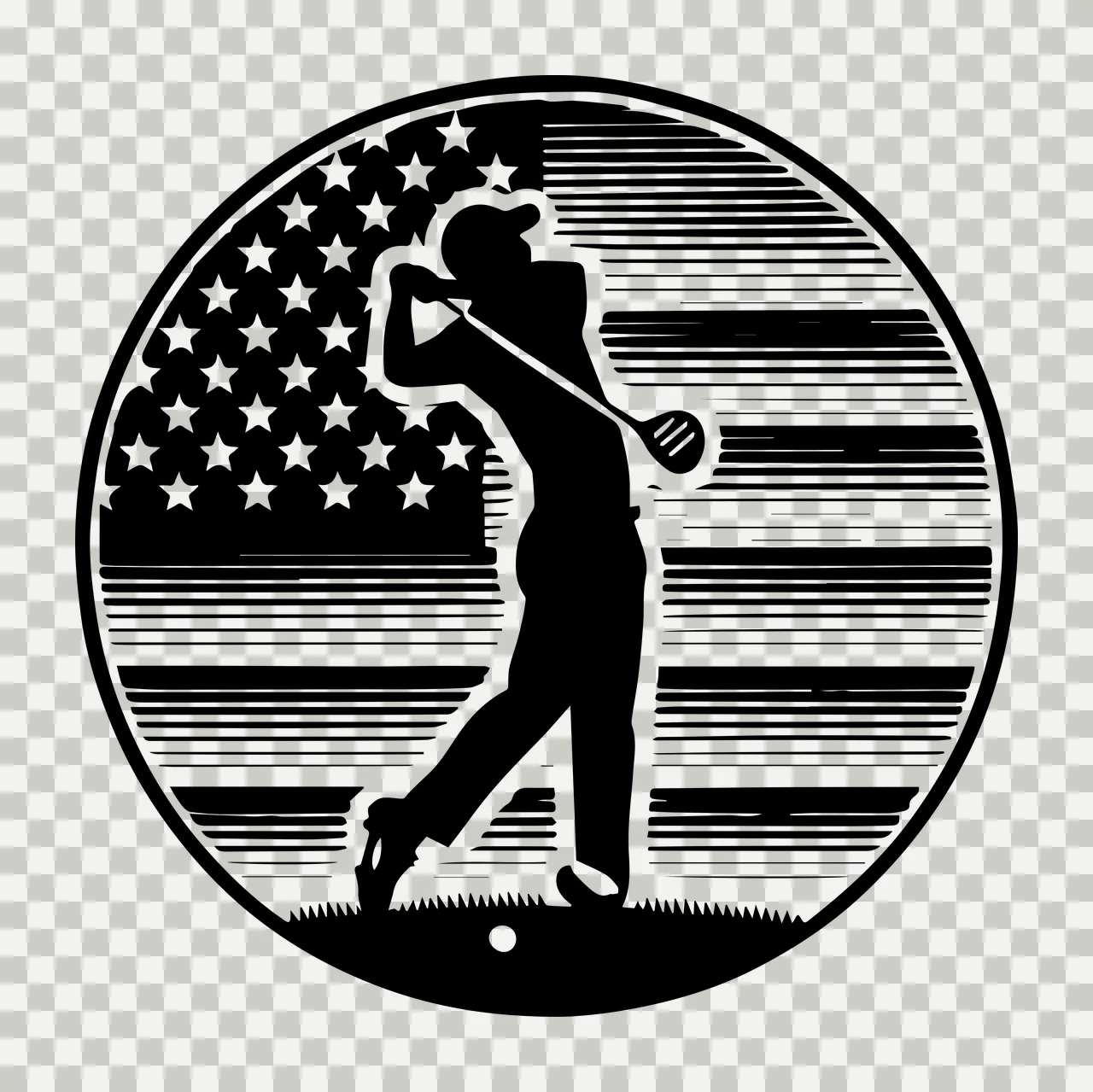 Golf Golfer Silhouette Within Striped Flag Circle swinging transparency and detail preview thumbnail