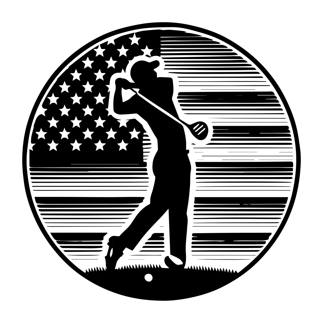 Golf Golfer Silhouette Within Striped Flag Circle swinging