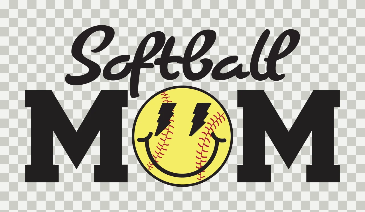 Softball MOM Softball Mom logo Design with Softball Mom text, Yellow softball with red stitching, Black lightning bolt eyes and Black smile transparency and detail preview thumbnail