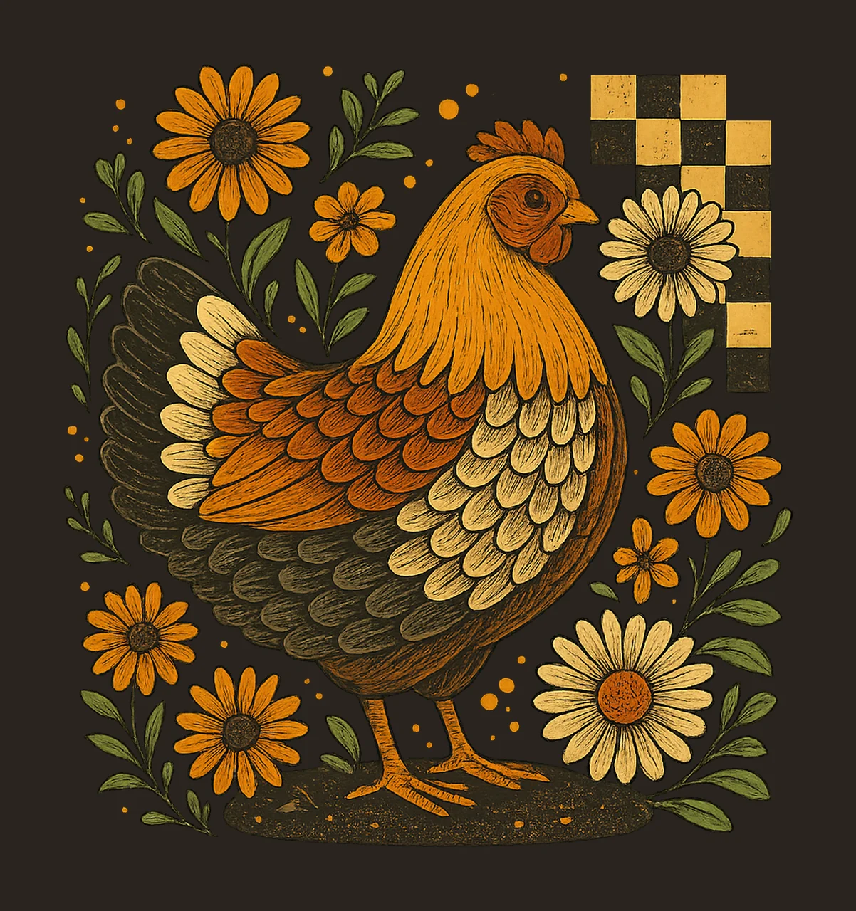 Retro Floral Fall Chicken Hen Vintage Autumn Hen Artwork contrast preview thumbnail