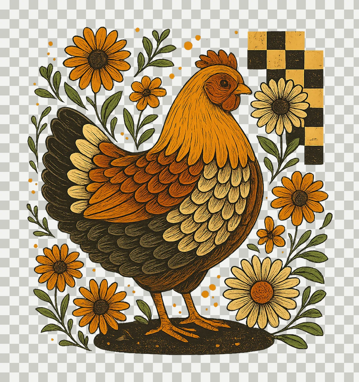 Retro Floral Fall Chicken Hen Vintage Autumn Hen Artwork transparency and detail preview thumbnail