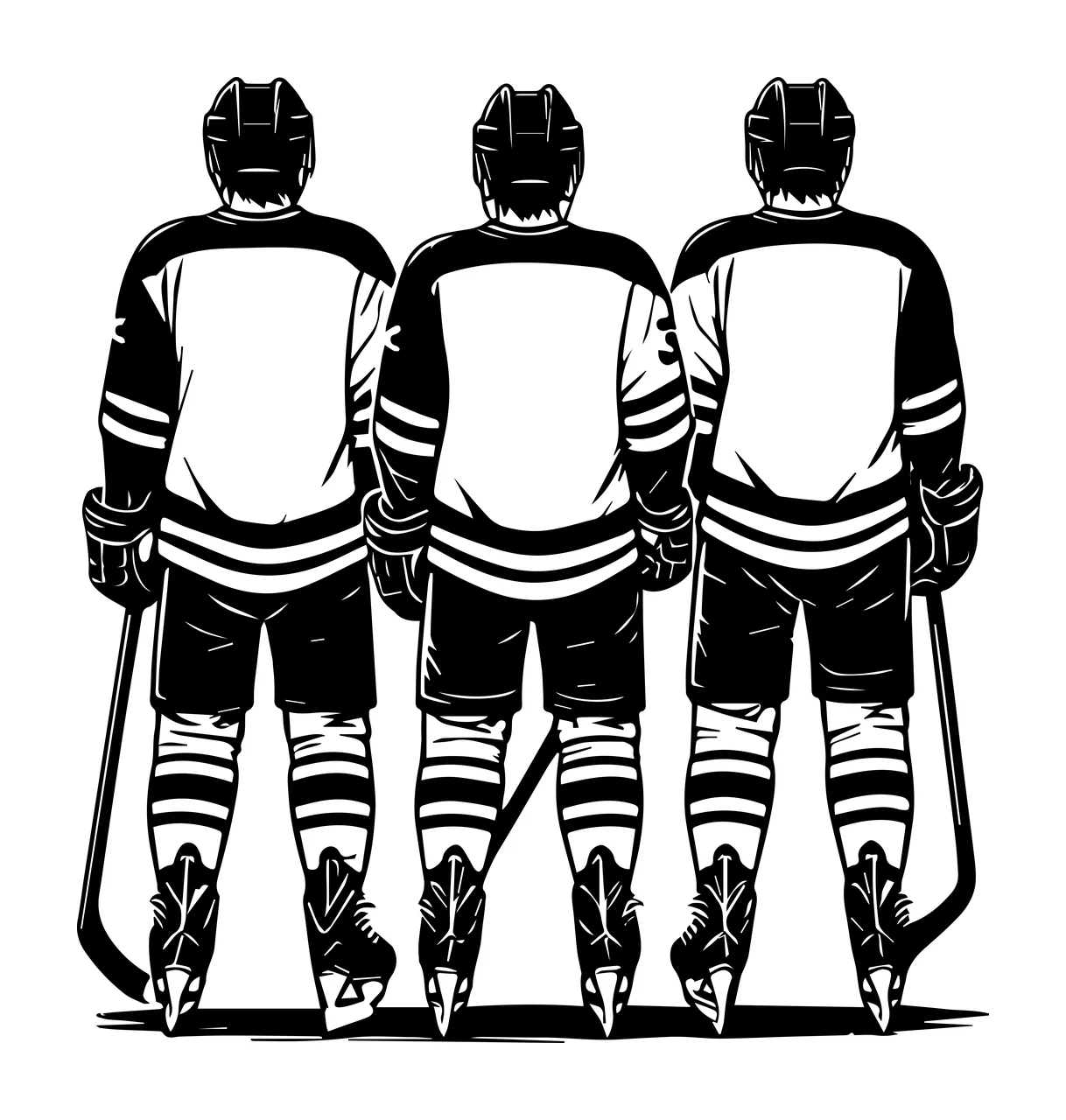 Hockey Player Three Players In Uniform standing with sticks