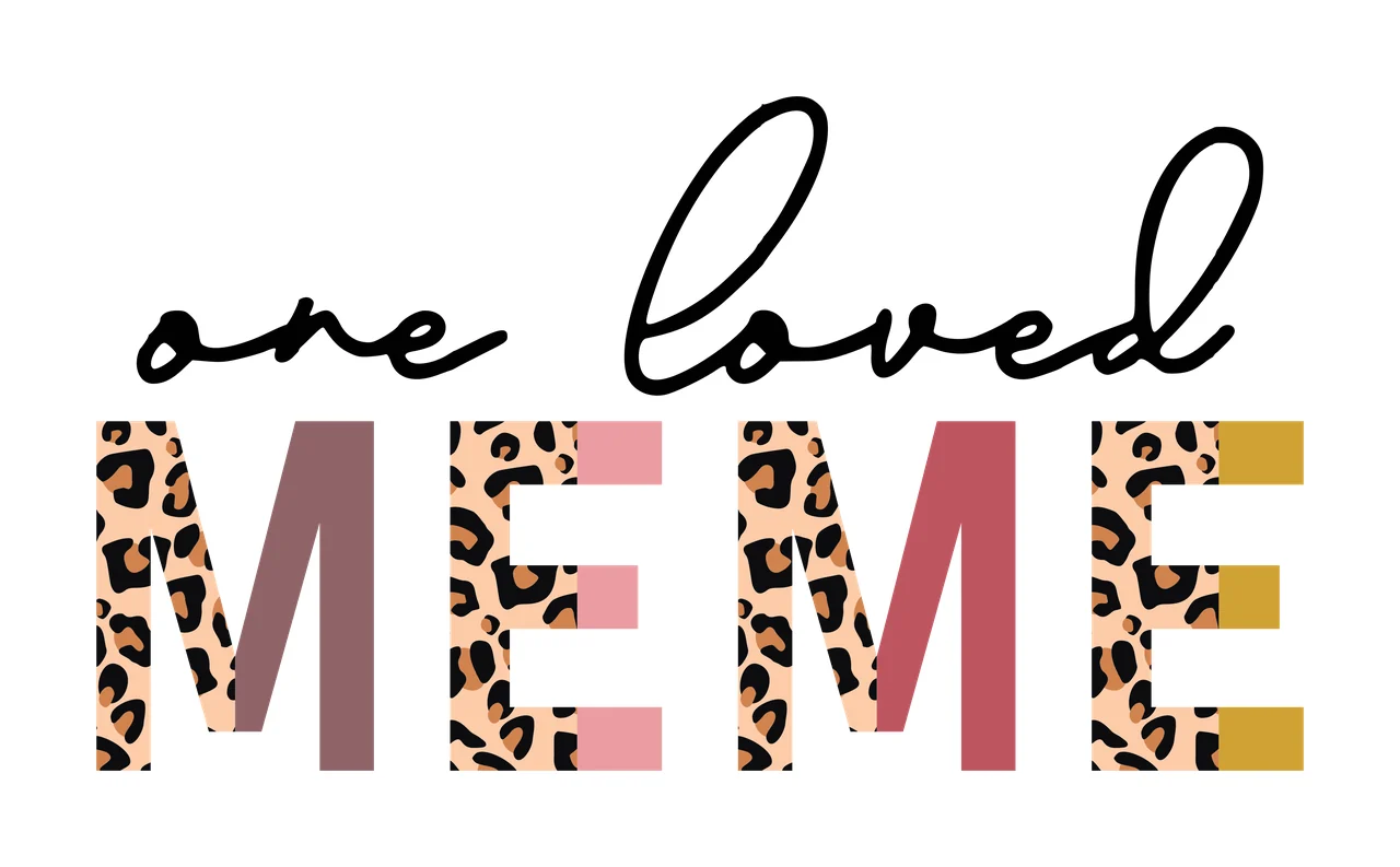 One loved M E M E Typography Design with leopard print pattern, pink block, burgundy block and gold block in black, beige and brown
